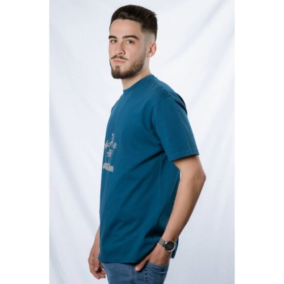 Tropical Graphic T-Shirt Mens Casual Short Sleeve Blue Palm Tree Print XL Read M - Picture 2 of 3